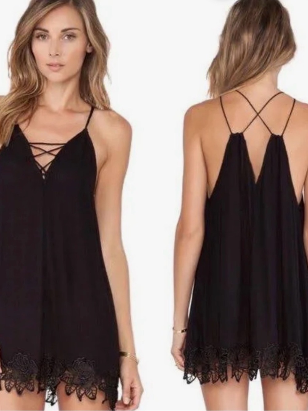 Free People “Wicked Spell” Black Sleeveless Lace Trim Mini Dress Xs